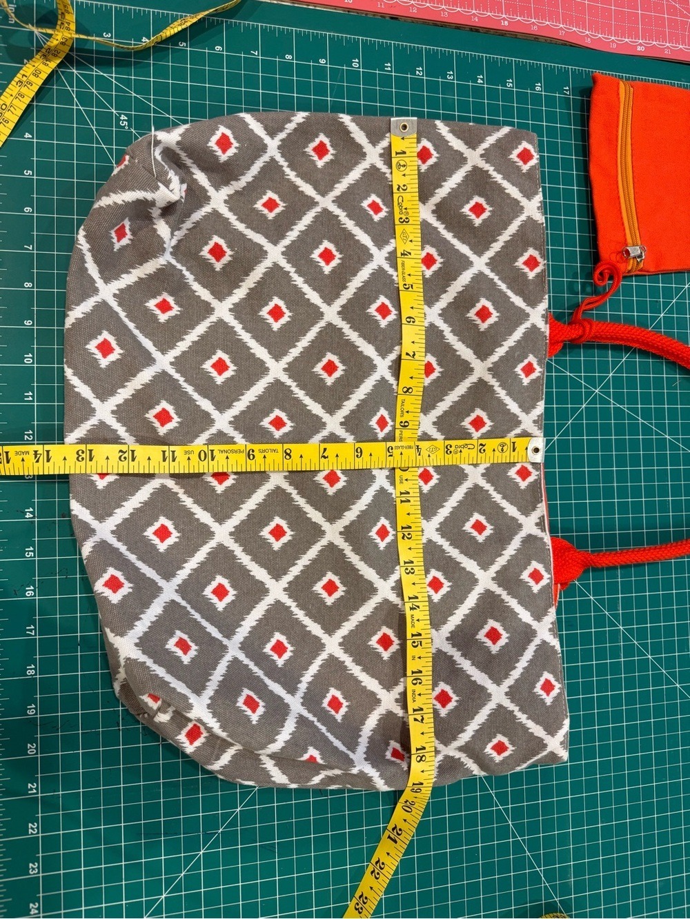 Canvas Tote Bag Gray Geometric Print Orange Handles Zip Pouch Large Shoulder Bag - Picture 3 of 5